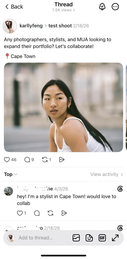 Screenshot of threads post seeking collaboration between photographers, stylists, and MUA.