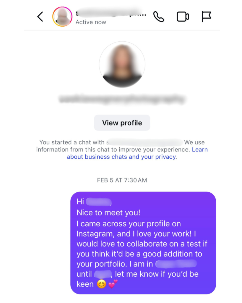 Screenshot of a model reaching out to photographer for a TFP collaboration to build her portfolio